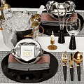 Elegant Decorative Ornament Set With Silver Gold Dinnerware Vase Wine Glasses Green Plant Marble Tabletop
