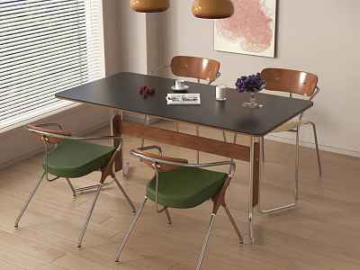 Modern Dining Table Set With Black Tabletop Four Green Seats Wall Art And Pendant Lights 3d model