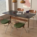 Modern Dining Table Set With Black Tabletop Four Green Seats Wall Art And Pendant Lights