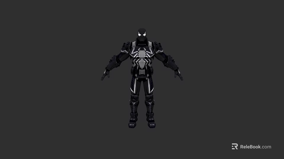 Powerful Game Movie Character In Black Armored Suit With White Spider Pattern 3d model 