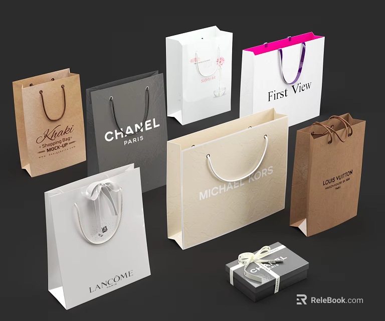 Branded Shopping Bags And Gift Box Various Colors Logos For Daily Life Essentials 3d model 