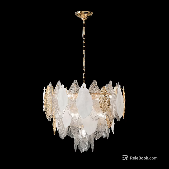 Elegant White And Gold Feather Shaped Chandelier With Chain Hanging 3d model 