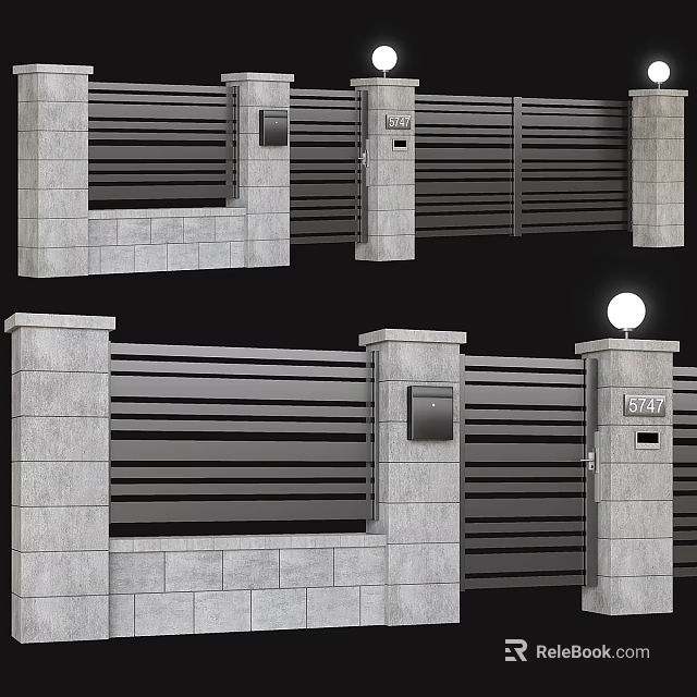 Modern Slatted Metal Fence With Gray Stone Pillars And Gate Design 3d model 