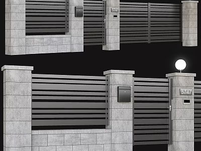 Modern Slatted Metal Fence With Gray Stone Pillars And Gate Design 3d model