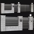 Modern Slatted Metal Fence With Gray Stone Pillars And Gate Design