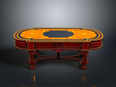 Elegant Decorative Oval Table With Orange Black Inlaid Top And Golden Border Carved Red Legs 3d model
