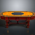Elegant Decorative Oval Table With Orange Black Inlaid Top And Golden Border Carved Red Legs