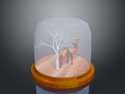 Camel Figurine Inside Glass Dome With Leafless Tree And Sandy Ground On Wooden Base 3d model