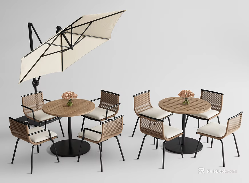 Brown Outdoor Chairs With Round Wooden Table And Umbrella For Patio Use 3d model 