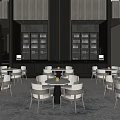 Modern Sales Office Interior With Dark Wood Walls Bookshelves White Round Tables And Chairs