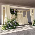 Elegant Wedding Floral Installation With Ivory Curtain Frame And Purple White Flowers