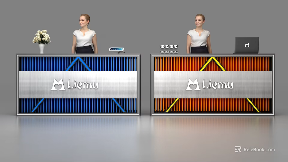 Modern Liemu Reception Desk With Colorful Design And Staff At Office Lobby 3d model 