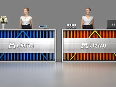 Modern Liemu Reception Desk With Colorful Design And Staff At Office Lobby 3d model