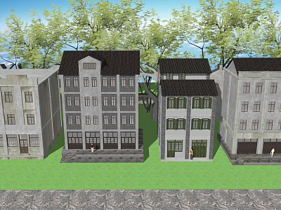 Traditional Style Commercial Complex With Multi story Buildings Green Lawns And Trees 3d model