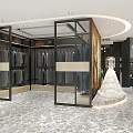 Modern Bridal Shop Interior With Hanging Wedding Dresses Displayed Gown And Decorative Wall