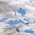 White Passenger Plane Flying in Clouds with Blue Sky and Four Propellers Red Logo