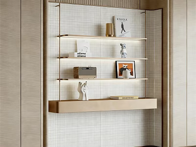 Modern Floating Bookshelf With Open Shelves Decorative Sculptures And Textured Wall 3d model