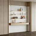 Modern Floating Bookshelf With Open Shelves Decorative Sculptures And Textured Wall