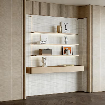 Modern Floating Bookshelf With Open Shelves Decorative Sculptures And Textured Wall 3d model