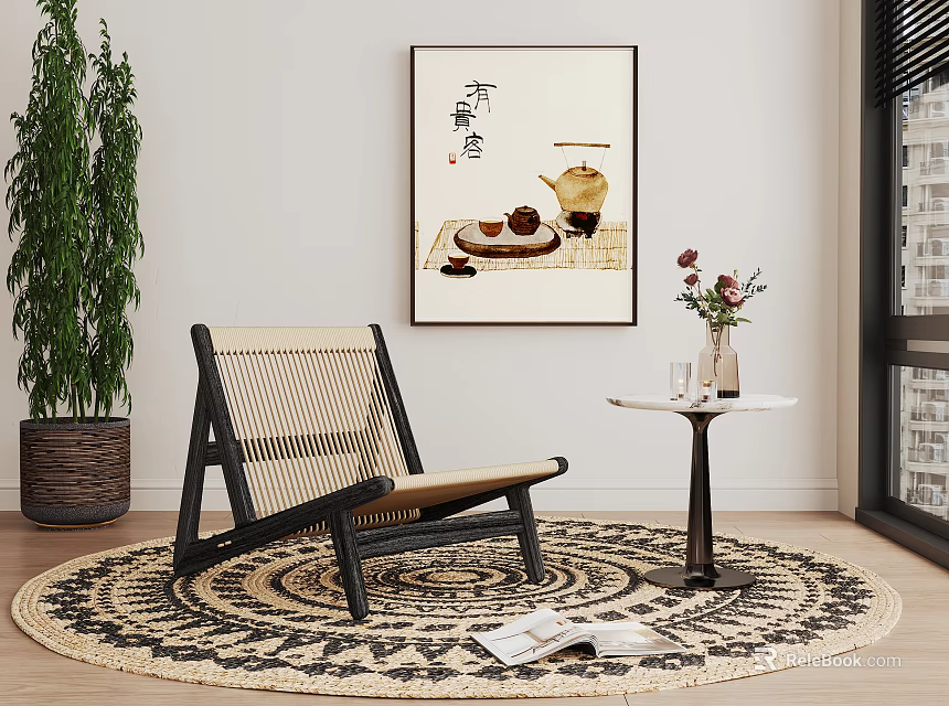Cozy Woven Leisure Chair With Wooden Frame Round Rug And Green Plant Side Table 3d model 