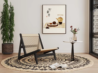 Cozy Woven Leisure Chair With Wooden Frame Round Rug And Green Plant Side Table 3d model