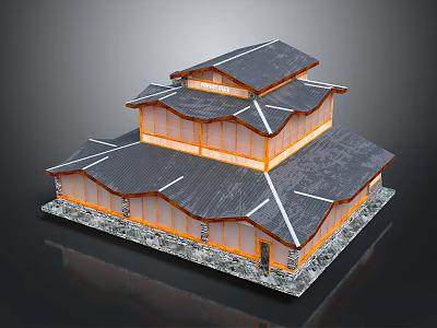 Traditional Wooden Building With Multi Layered Curved Roof And Stone Base Design 3d model