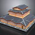 Traditional Wooden Building With Multi Layered Curved Roof And Stone Base Design