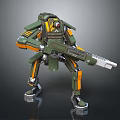 Futuristic Intelligent Mechanical Robot Green and Orange with Weapon Multi Legged Mechanical Structure 3d model