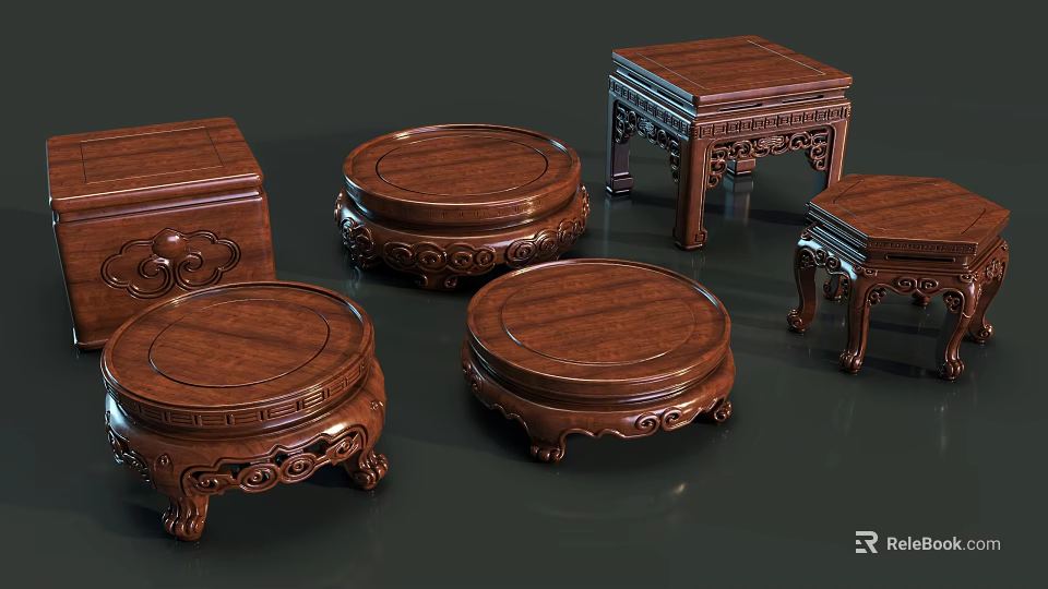 Traditional Wooden Carved Pedestals And Square Small Tables With Ornate Patterns 3d model 