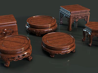 Traditional Wooden Carved Pedestals And Square Small Tables With Ornate Patterns 3d model