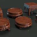 Traditional Wooden Carved Pedestals And Square Small Tables With Ornate Patterns