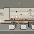 Minimalist Tea Room Interior Design With Wooden Long Table Stools Tea Set And Decorative Plants