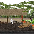 Rural Landscape Featuring Thatched Roof Pavilion Person Sitting By Wooden Barrels With Fruits And Trees