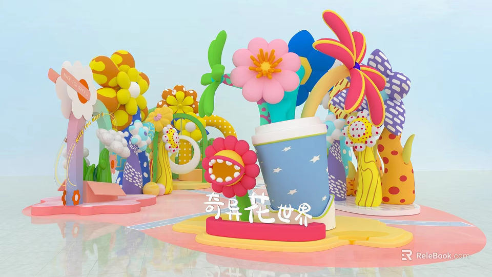 Vibrant Cartoonish Flowers In Fantastic Flower World With Various Shapes And Decorations 3d model 