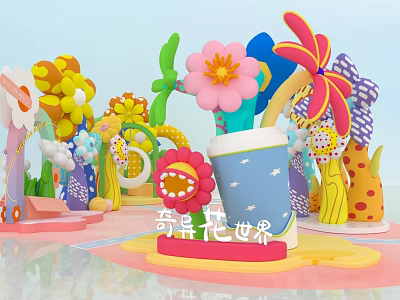 Vibrant Cartoonish Flowers In Fantastic Flower World With Various Shapes And Decorations 3d model