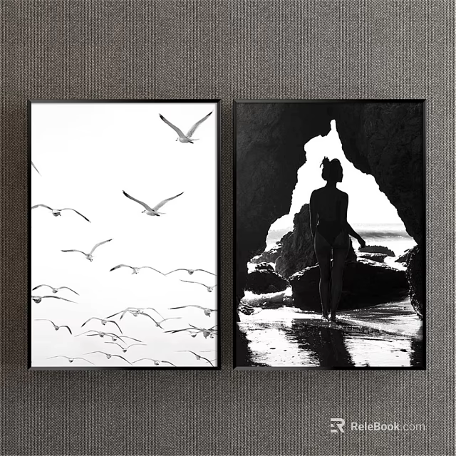 Black and White Figure Paintings With Seagull Flock Cave Silhouette And Light Reflection On Water 3d model 