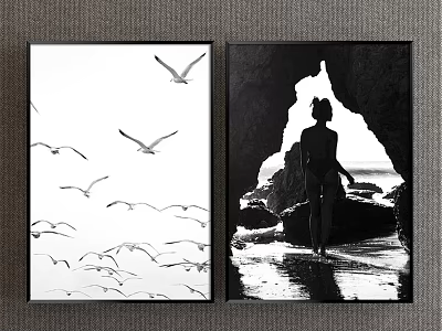 Black and White Figure Paintings With Seagull Flock Cave Silhouette And Light Reflection On Water 3d model