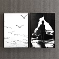 Black and White Figure Paintings With Seagull Flock Cave Silhouette And Light Reflection On Water