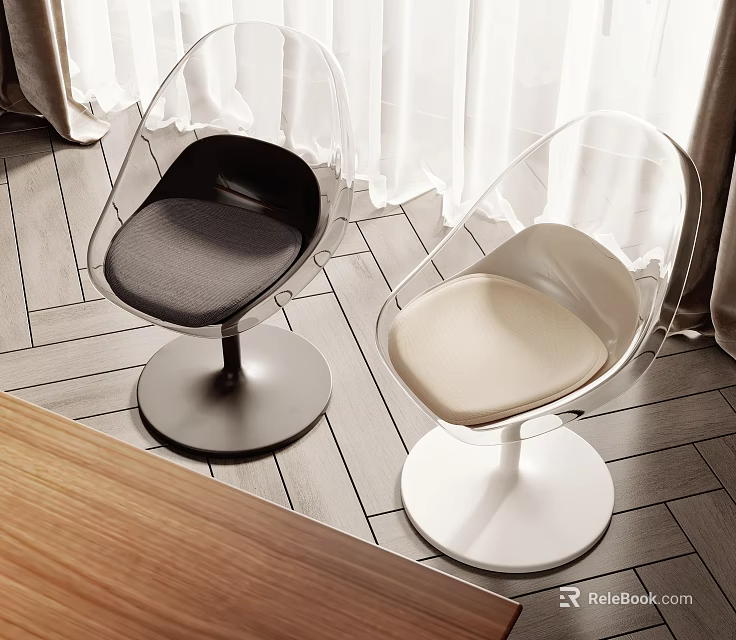 Modern Transparent Leisure Chairs with Black and Beige Cushions and Round Bases 3d model 