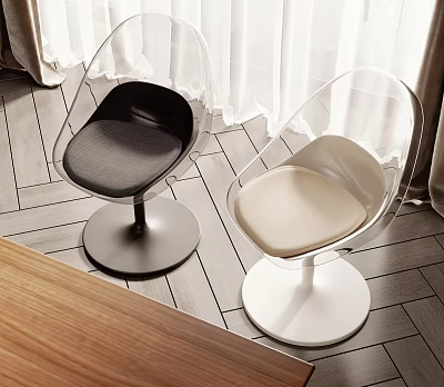 Modern Transparent Leisure Chairs with Black and Beige Cushions and Round Bases 3d model