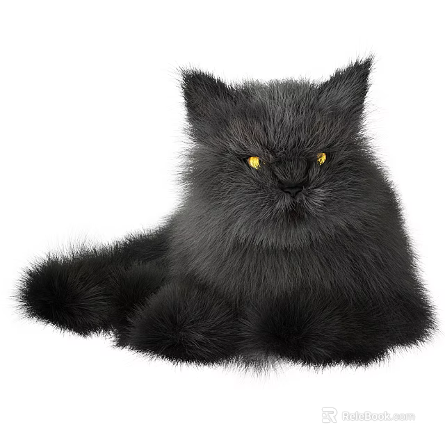 Fluffy Black Cat Plush Doll With Bright Yellow Eyes And Soft Fur Texture 3d model 