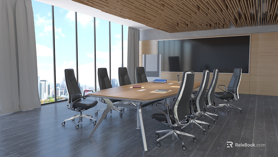 Black Modern Office Chairs In Contemporary Meeting Room With Wooden Table And Large Windows 3d model 
