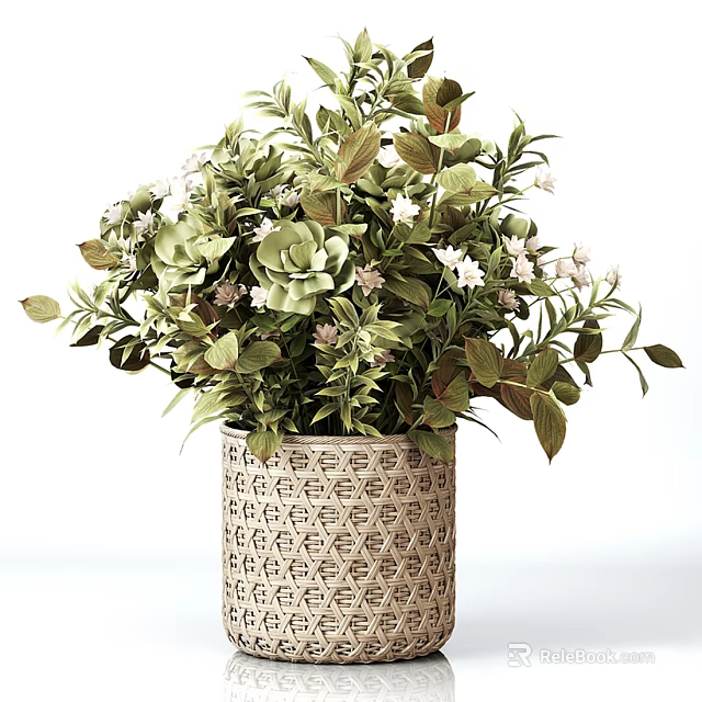 Decorative Patterned Vase With Fresh Green Plants And Small White Flowers 3d model