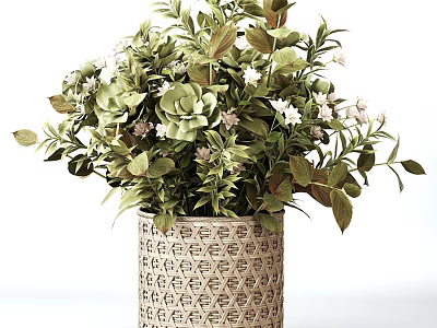 Decorative Patterned Vase With Fresh Green Plants And Small White Flowers 3d model