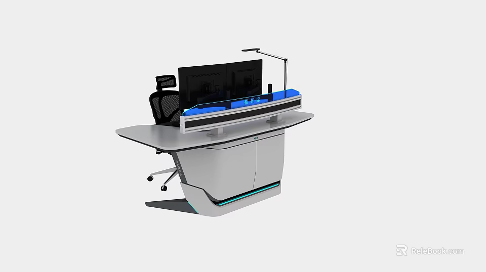 Modern Office Desk and Chair Set with Computer Monitor and Table Lamp 3d model 