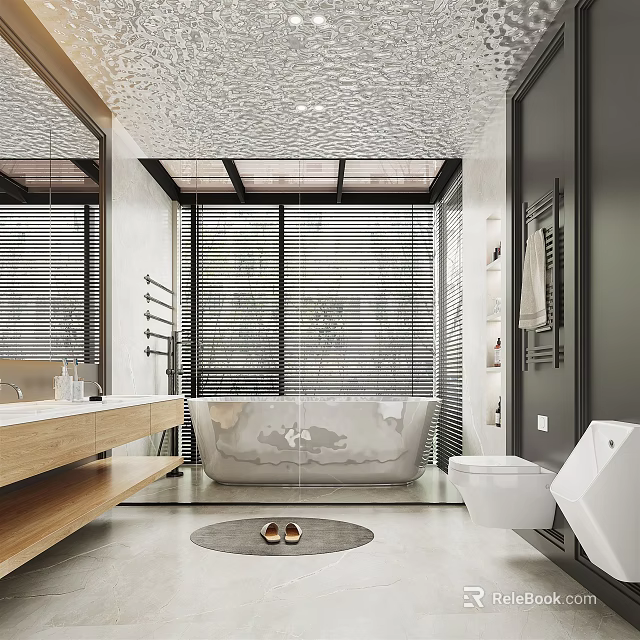 Modern Bathroom Interior With Freestanding Bathtub Large Mirror Wooden Vanity and Window Blinds 3d model 