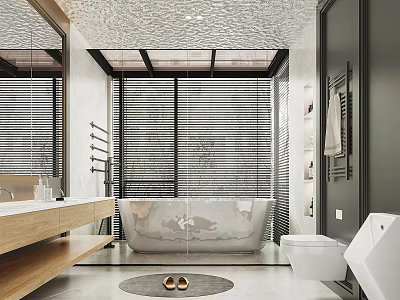 Modern Bathroom Interior With Freestanding Bathtub Large Mirror Wooden Vanity and Window Blinds 3d model