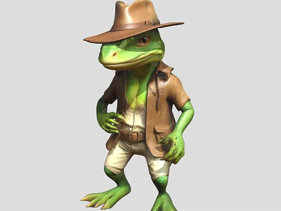 Green Reptile Character In Explorer Outfit With Brown Hat And Beige Shorts Standing Pose 3d model