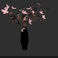 Black Vase With Pink Blooming Flowers And Delicate Branches On Gray Background