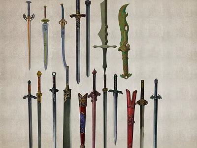 Collection of Historical and Decorative Swords with Ornate Handles and Metal Blades 3d model